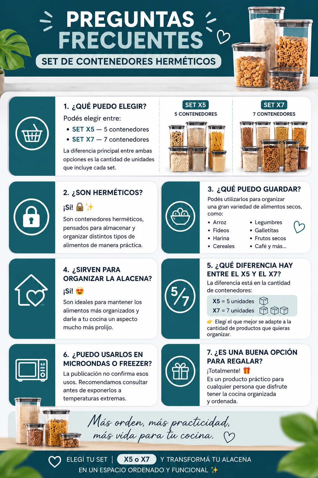 Set de contenedores herm&eacute;ticos para organizar la cocina